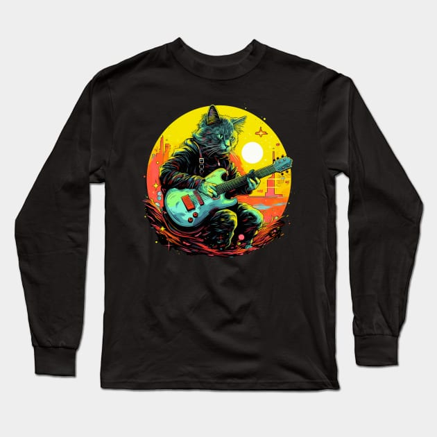 Cat Playing Guitar Funny Cat With Guitar Cute Cat Guitar Long Sleeve T-Shirt by OscarVanHendrix